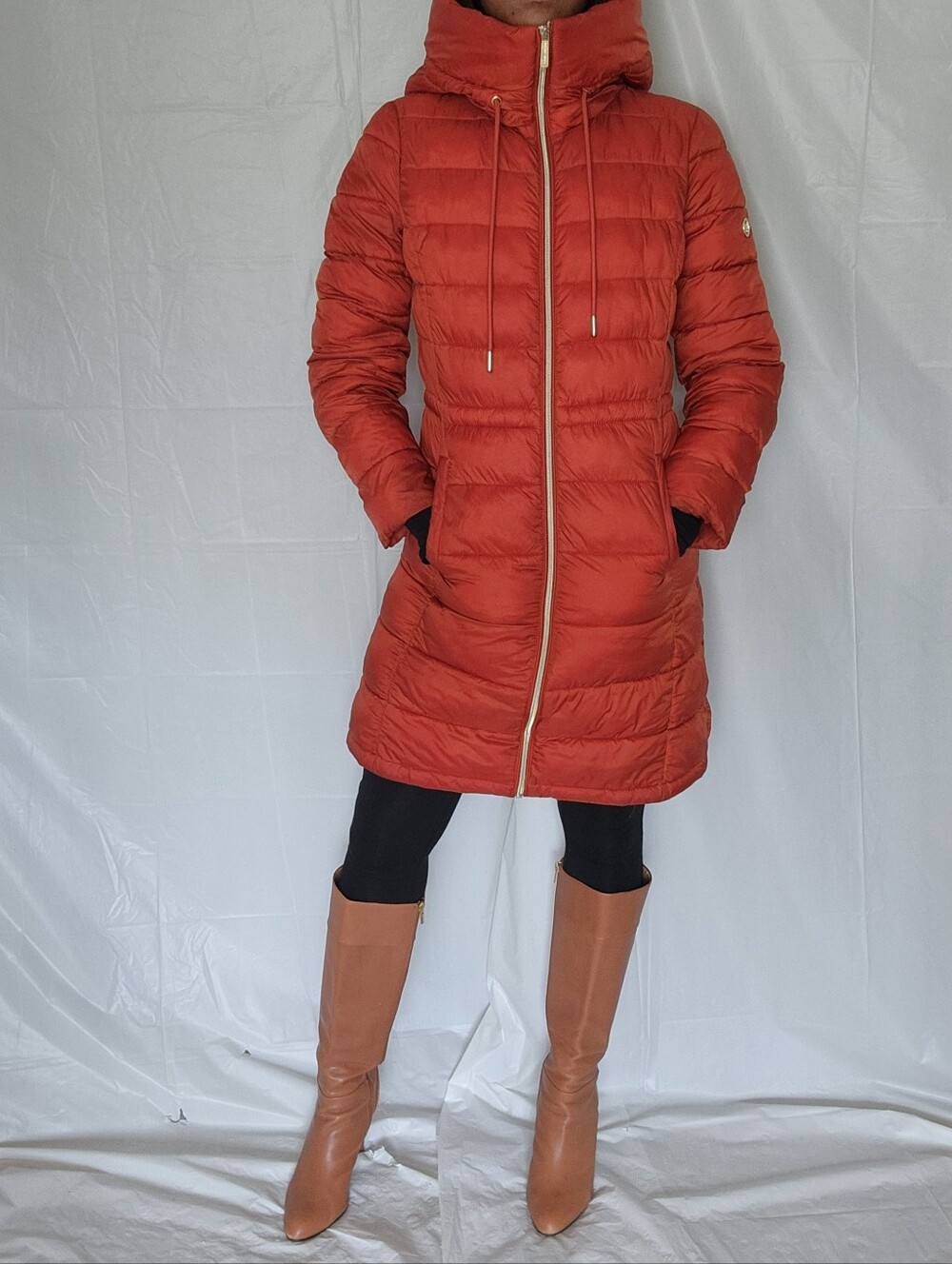 Rust Orange Packable Hooded Long Puffer Coat